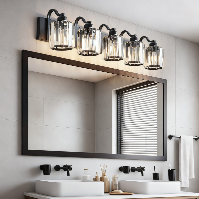 Luminaire de meuble-lavabo moderne en cristal noir avec 5 lumières et abat-jour rond en cristal K9 pour salle de bain, base E26 (ampoules non incluses)