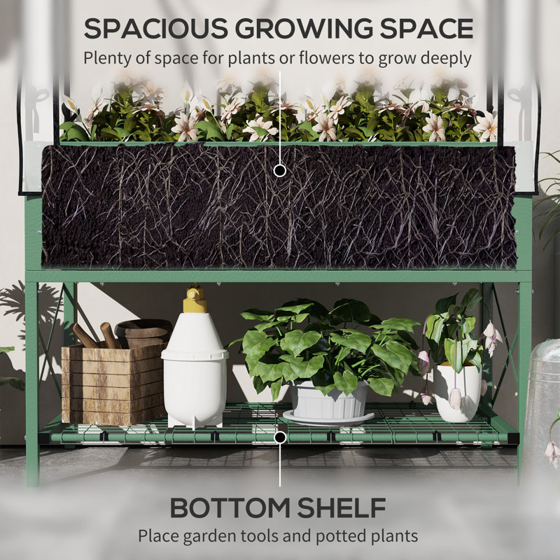Green Galvanized Steel Raised Garden Bed with Cover and Storage Shelf