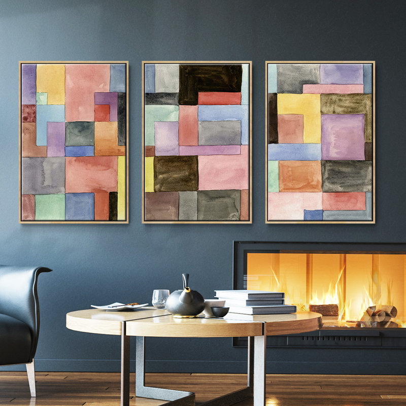 Ensemble de 3 blocs primaires I encadrés sur toile, Naturel, H 36 po x l 72 po