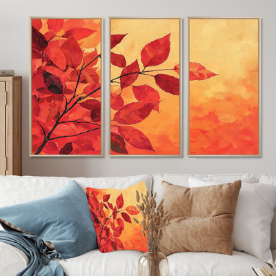Automne, coucher de soleil et feuille d'érable III - art mural feuilles - ensemble de 3