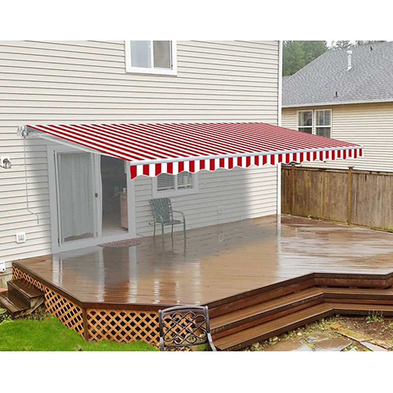 ALEKO Motorized Retractable Outdoor Awning with White Frame, Multistripe Red / White, 20' W x 10' D
