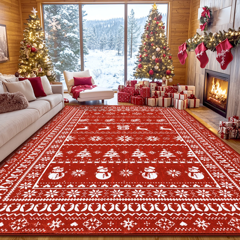 Tapis de Noël cerf rouge antidérapant lavable, Rectangulaire 8 pi x 10 pi