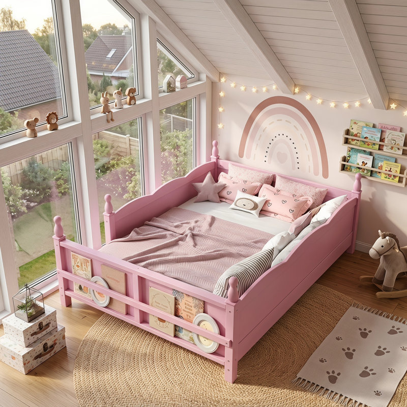 Lit de sol pour enfants Kittredge Montessori avec garde-corps de sécurité pleine longueur et bibliothèque intégrée pour un espace de sommeil sécuritaire et indépendant