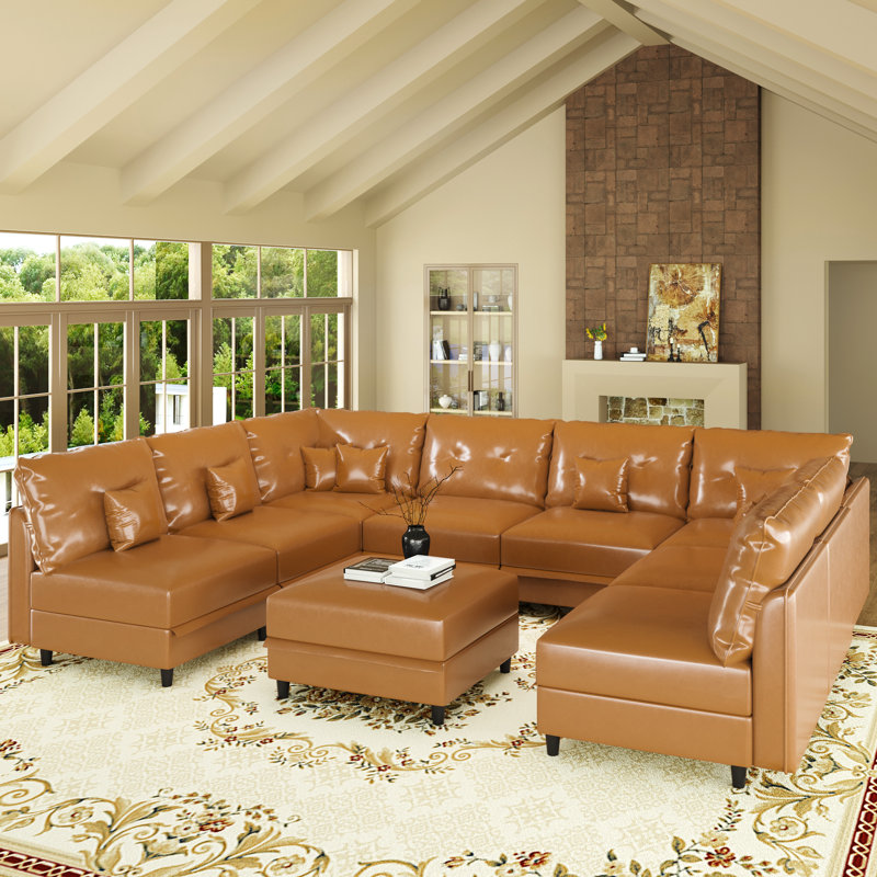 Canapé modulaire surdimensionné en U avec 8 sièges et canapé modulaire avec repose-pieds gris foncé, Brown Faux Leather