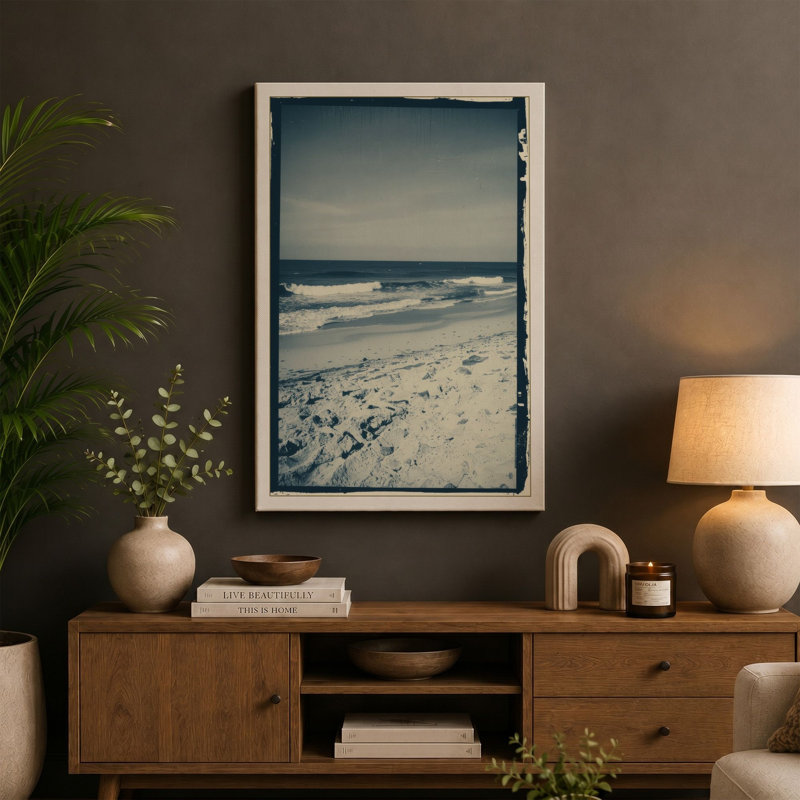 Footprints in Sand Coastal - Wrapped Canvas, 18x12 - 45.7 x 30.5 cm, Teal Border