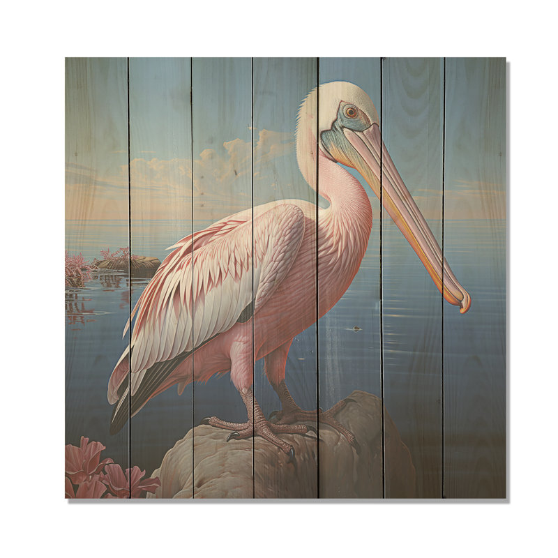 Pélican rose - animal côtier sur bois, H 15 po x l 15 po