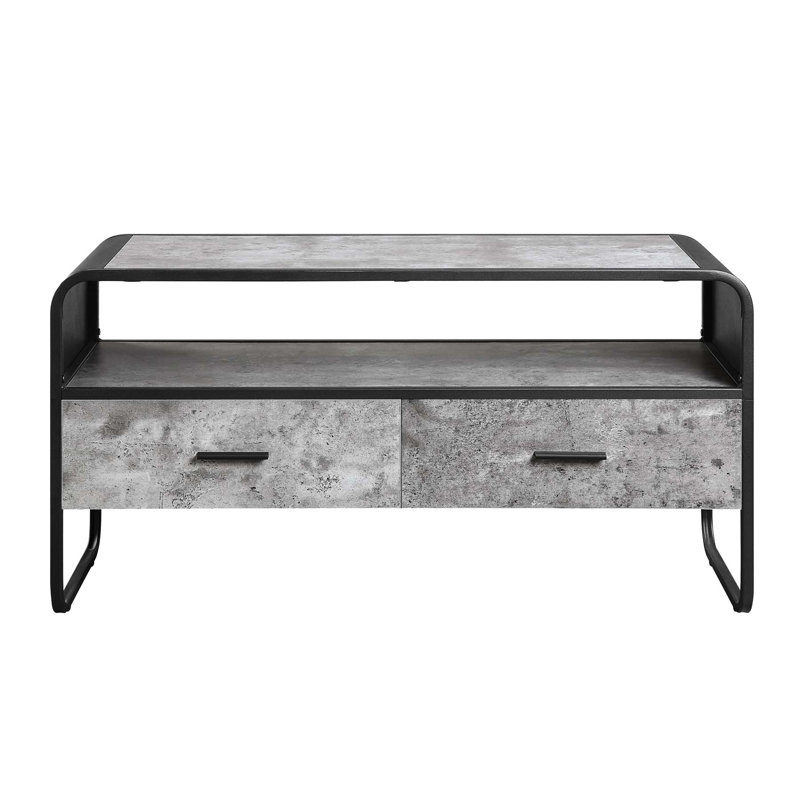 Meuble télé en métal avec 2 tiroirs de rangement, coloris gris et noir, dimensions : 40-49 pouces, compartiment ouvert, style moderne, tablette, objet décoratif