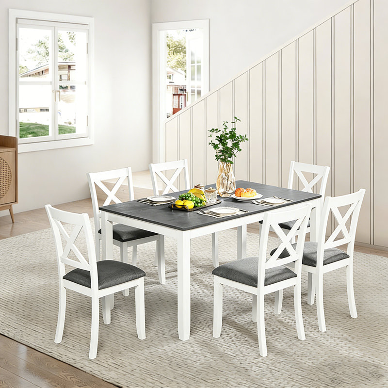 Ensemble de table et chaises de salle à manger en bois massif 7 pièces, table moderne de 58,5 pouces avec 6 chaises rembourrées (style X-Back) pour la cuisine et la salle à manger