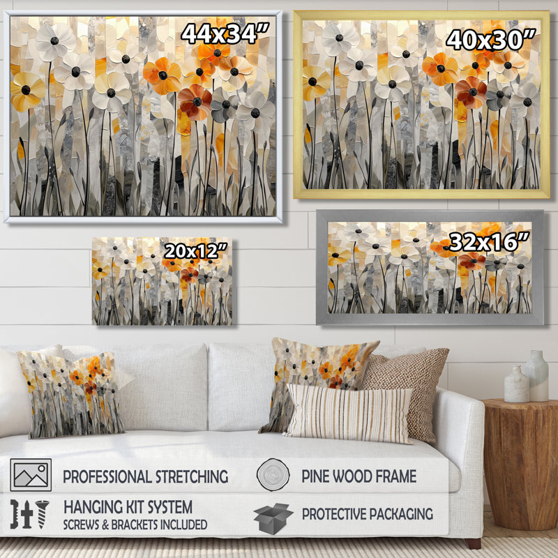 Géométrique gris coquelicots mosaïque champ I - coquelicots, art mural pour le salon, H 34 po x l 44 po, Doré