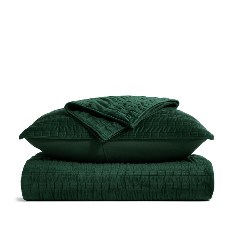 Ruched Crystal Velvet Comforter Set - Luxury Plush Bedding with 2 Shams, King Quilt + 2 King Pillow Shams, Pine Green