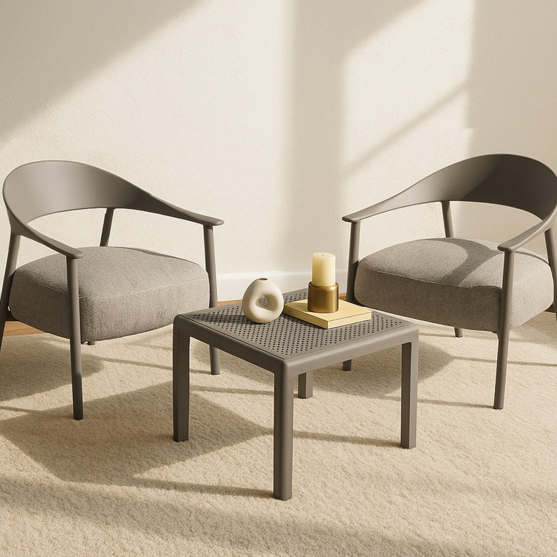 Méridienne Warm 2 avec table basse en Pp et structure en acier, sièges confortables pour le salon ou le balcon. Coussinets de pieds à griffer de qualité industrielle pouvant supporter jusqu'à 330 lb par chaise. Rembourrage,