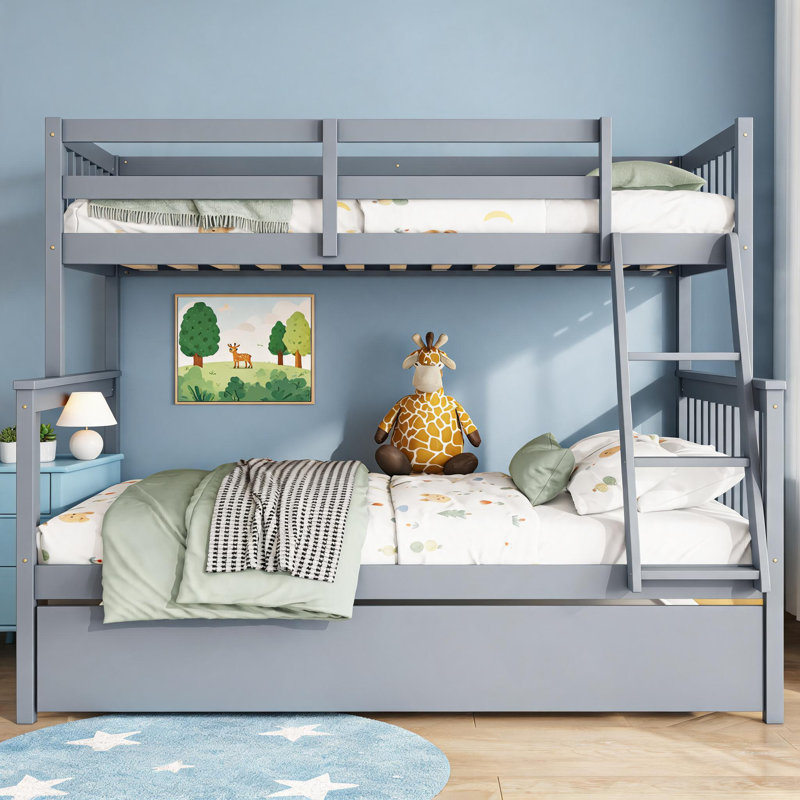 Lit superposé convertible détachable pour lit d'enfant et chambre d'amis classique en bois d'hévéa gris classique avec lit gigogne escamotable