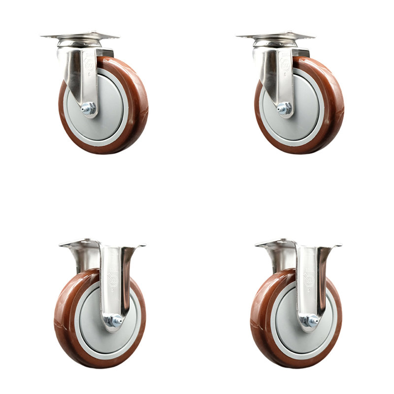 Ensemble de roulettes en polyuréthane avec plateau pivotant et 2 verrous, Marron