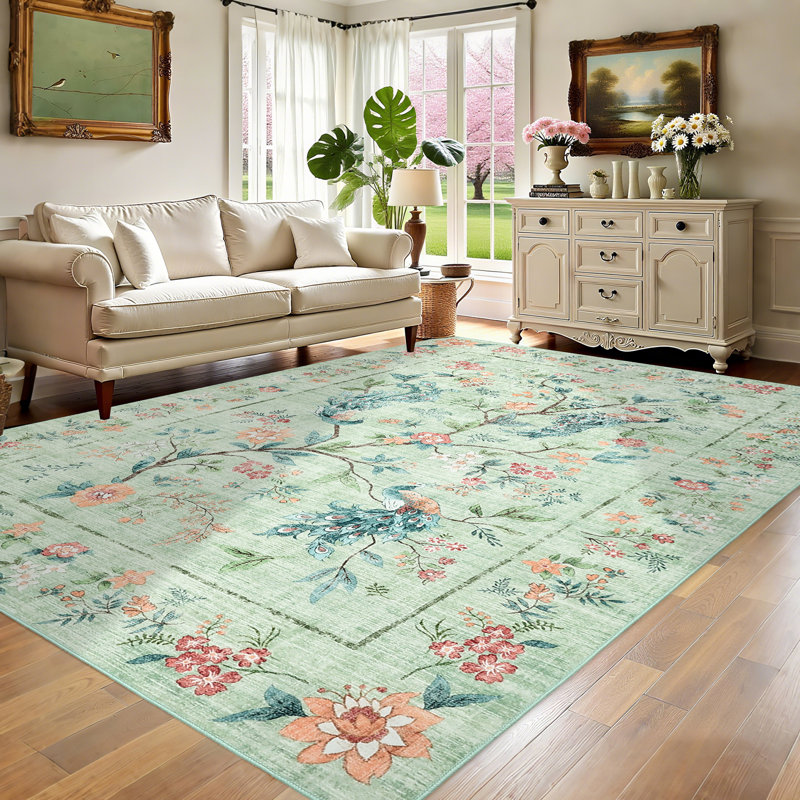 Washable Rugs for Bedroom Ultra-Soft Floral Peacock Floor Mats, Stain-Resistant Farmhouse Indoor Carpet with Non-Slip Backing, Foldable Thin Accent Rug for Living Room, Nursery