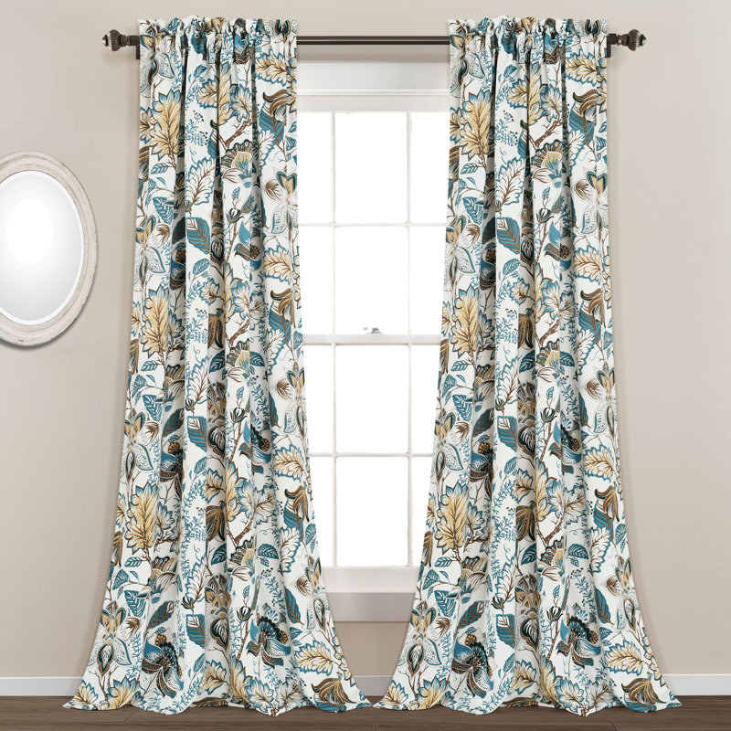 Turquoise Floral Polyester Blackout Rod Pocket Window Panels