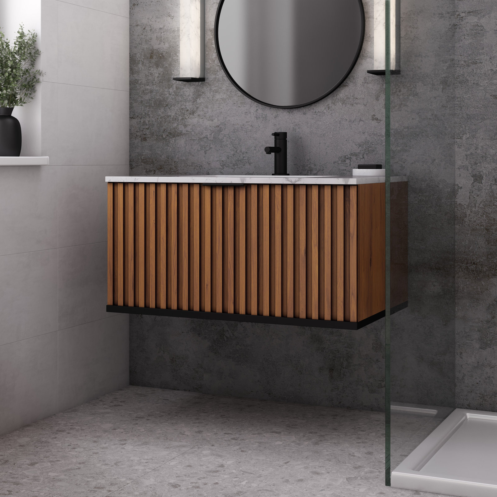 Terra 36'' Single Bathroom Vanity, Walnut, Carrara Marble/Single Faucet Mount, Matte Black