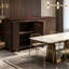Buffet à quatre portes en bois de noyer avec une texture ondulée et un design sans poignée; Comprend une prise de courant pour une utilisation dans la salle à manger.