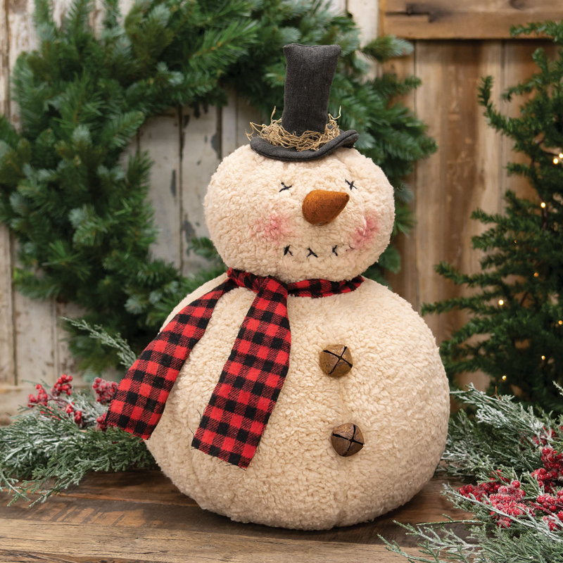 Overstuffed Plush Snowman w/Black & Red Scarf