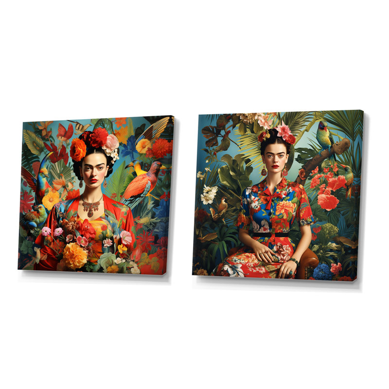 Ensemble de 2 reproductions d'art sur toile colorées Frida, Toile tendue, H 16 po x l 33 po x P 1 po