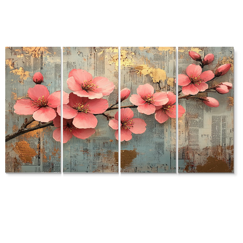 Fleurs de cerisier en rose et or II - ensemble de reproductions d'art mural cerisier en fleurs, H 28 po x l 48 po