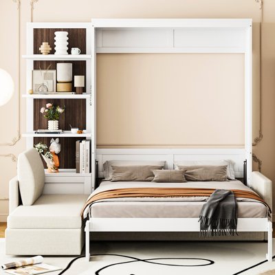 Grand lit mural avec tablettes, finition blanche, multifonctionnel pour divers petits espaces, rangement pratique, utilisation facile et utilisation efficace de l'espace