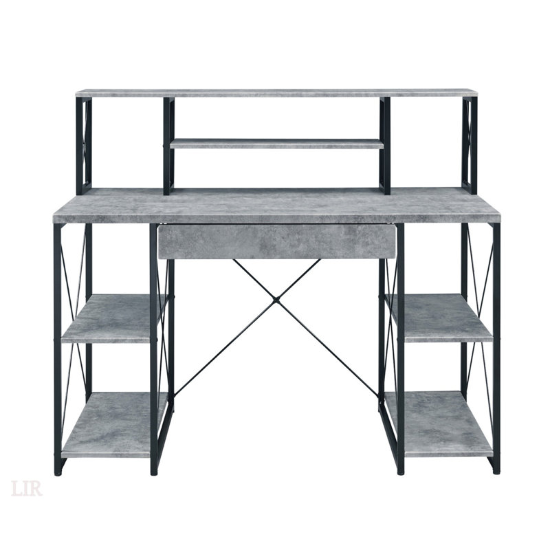 Modern Faux Concrete Writing Desk With One Drawer And 8 Open Compartments, For Organized Workspaces, Gray