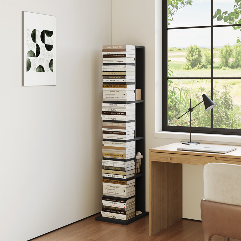 9 Tier Bookshelf, Vertical Corner Shelf With Modern Invisible Spine Ladder Bookcase Space-saving Organizer, Black