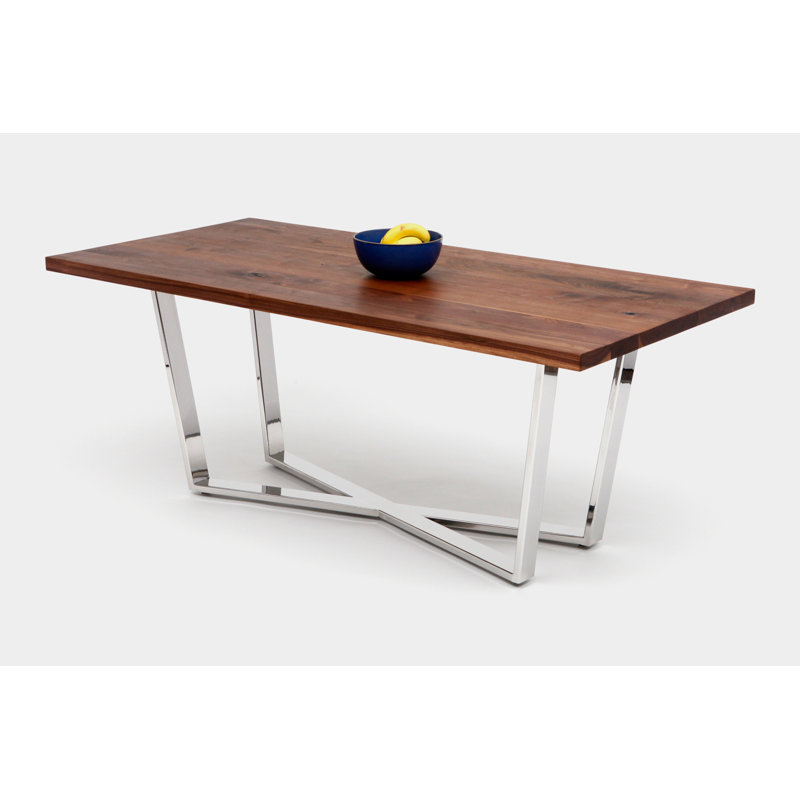 Gax Walnut Solid Wood Top Metal Base Dining Table, 36" W x 120" L, Polished Stainless Steel