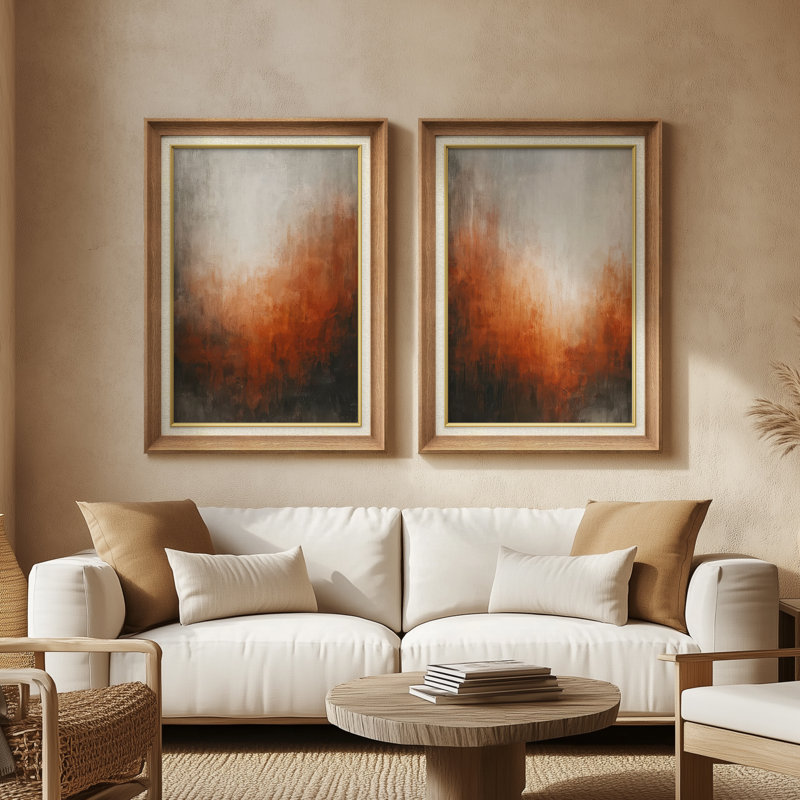 «Burnt Ombre Abstract», impression de décoration moderne sur fond dégradé orange foncé et gris - ensemble de 2 reproductions d'art encadrées de qualité supérieure sur papier 26 po x 36 po