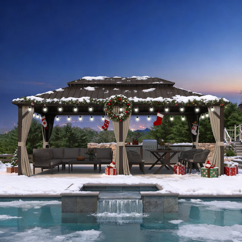 Aluminum Patio Hardtop Bronze Gazebo With Light, 79.57" H x 179.13" W x 131.88" D
