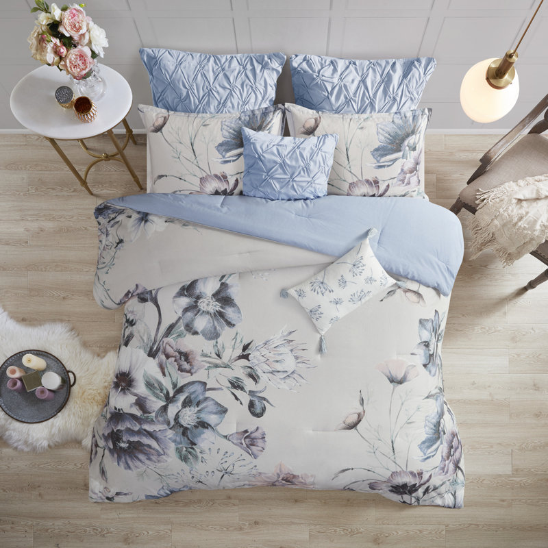Ensemble d'édredon en coton 8 pièces Cassandra, Bleu, Édredon grand + 7 pièces supplémentaires