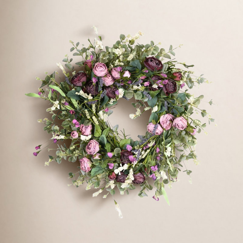Couronne de porte florale 26 po Eucalyptus Berry, Vert/mauve
