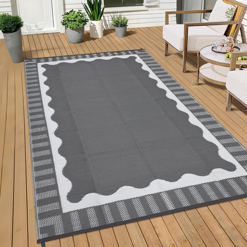 9x18ft Reversible Outdoor Rug - Waterproof Scalloped Border Plastic Straw Mat with Bag & Stakes for Patio, RV and Picnic