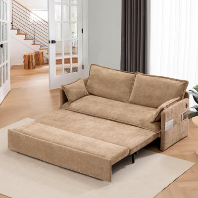 Pull Out Sofa Bed – 60" Convertible Sleeper Sofa Bed with USB Ports, Chenille Fabric Loveseat Chaise Lounge for Living Room, Guest Rooms, Brown