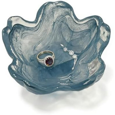 Glass Ring Dish, Cute Blue Flower Jewelry Tray, Small Ring Holder Jewelry Trinket Dish, Decorative Vanity Bathroom Nightstand Jewlery Plate Bowl, Friendship Birthday Gifts for Women