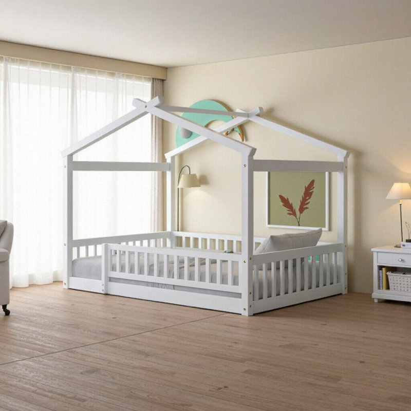 Charmant lit double en bois avec clôture pour enfants et adolescents - Blanc, Blanc
