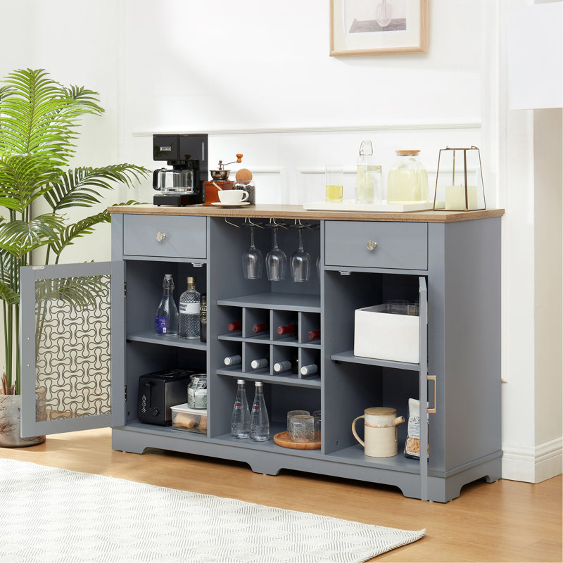 Modern Farmhouse Buffet Cabinet, Sideboard With 2 Drawers And Elegant Glass Door Cabinets, Wine And Glass Rack, Coffee Bar For Kitchen, Dining Room, Light Blue And Light Oak