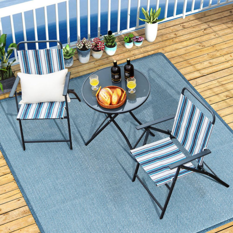 Blue Striped Metal and Fabric Outdoor Folding Chair Set