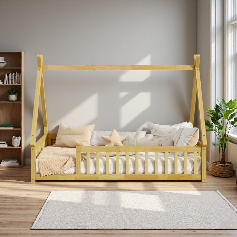 Tent-Shaped Floor Bed,Teepee Bed With Guardrails,Slats, Natural, Twin