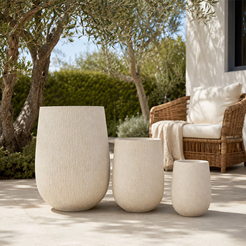 Ensemble de 3 pots à fleurs en forme d'œuf MGO, pots de fleurs d'aspect pierre avec trou de drainage pour patio et jardin