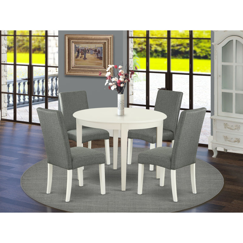 5 Piece Modern Dining Table Set Includes a Round Kitchen Table and 4 Gray Linen Fabric Upholstered Parson Chairs, 42x42 Inch, Linen White