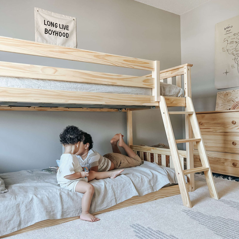 Aileana 42.5" W Solid Wood Twin Over Twin Bunk Bed with Built-In Ladder, Natural