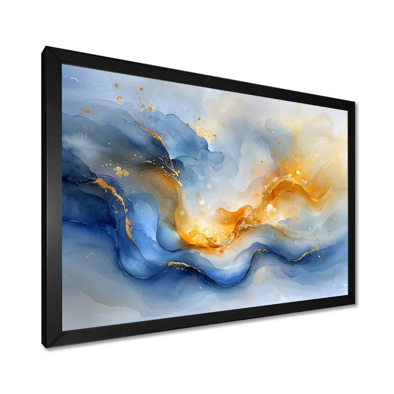 «Blue Yellow Dream Lines V - Abstract collages», art mural, Cadre simple, Noir, noir, noir, noir, H 12 po x l 20 po