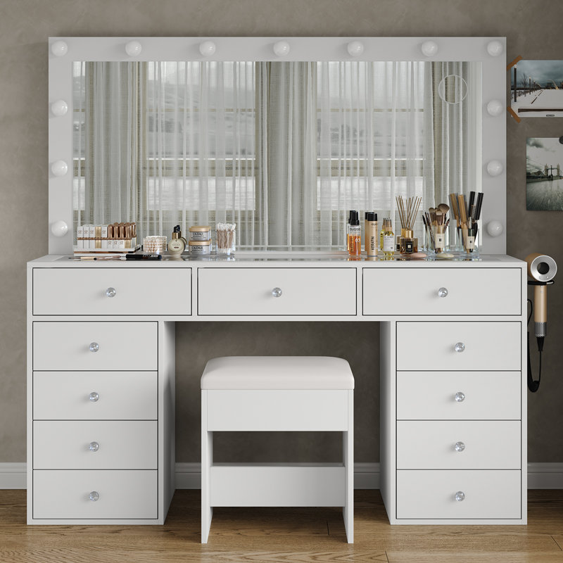 Makeup Vanity With Mirror And  Lights, 3 Lighting Modes, Vanity Desk With Power Outlet, 13 Drawers Vanity Table,  Fold-Up Pane Dressing Table Set
