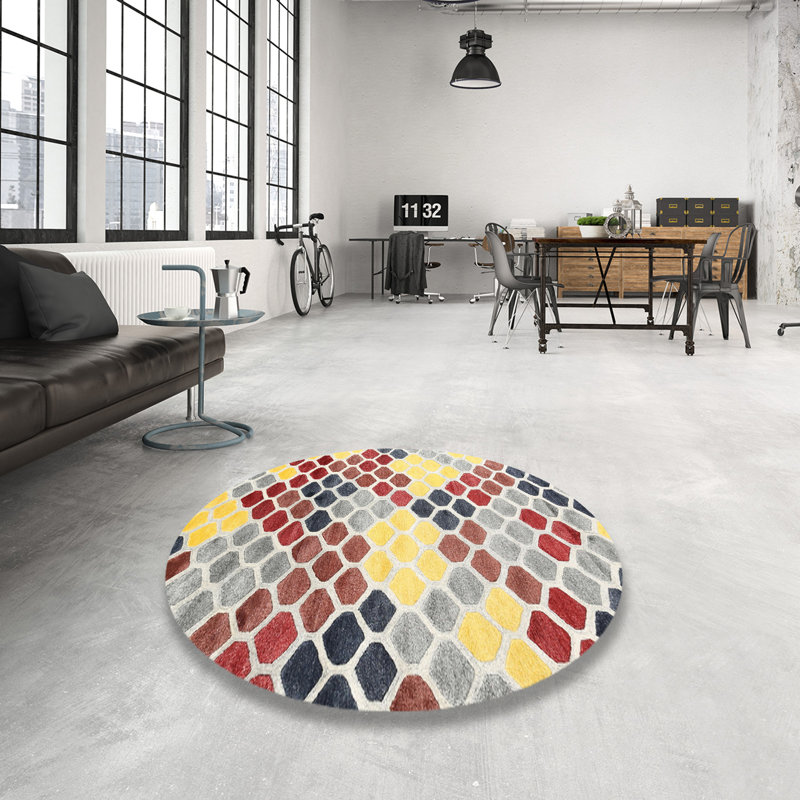 Tapis abstrait rouge / brun / jaune, Rond 7 pi