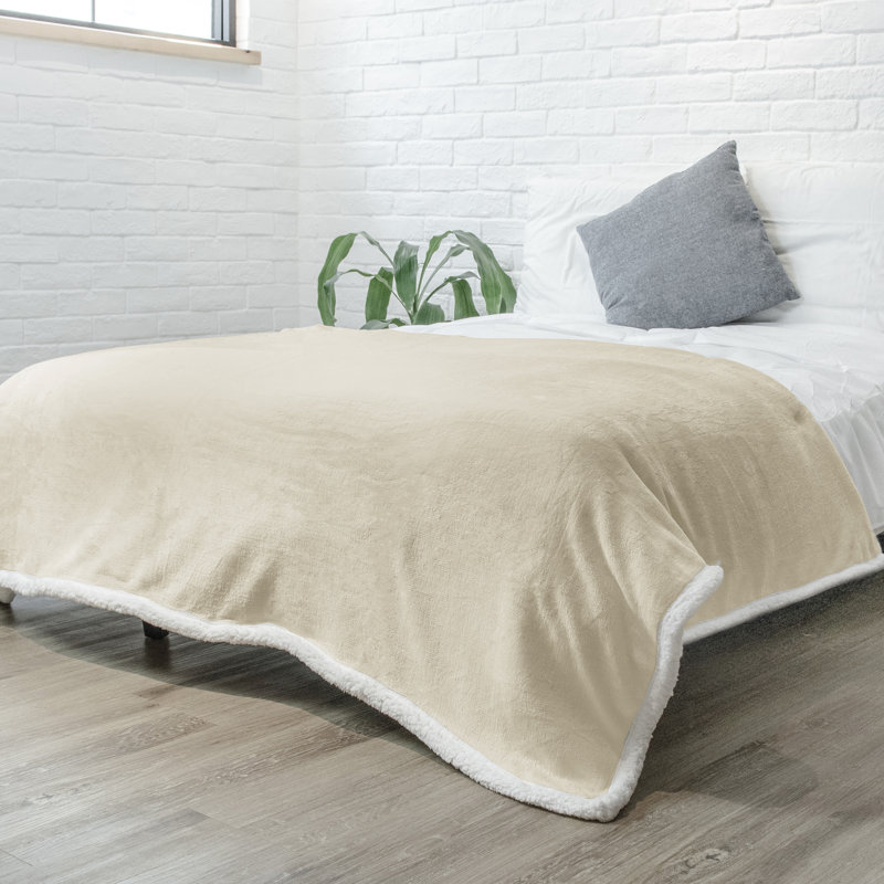 Cream Beige Reversible Sherpa Fleece Throw Blanket