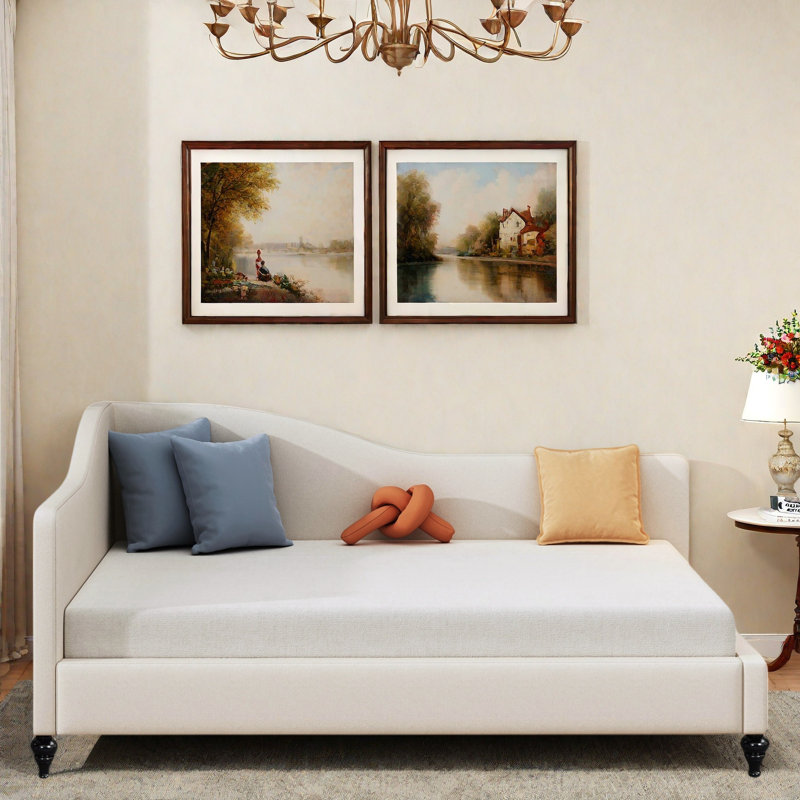 Lit de jour en L en forme de L avec pieds en bois massif, Beige, Complet/Double