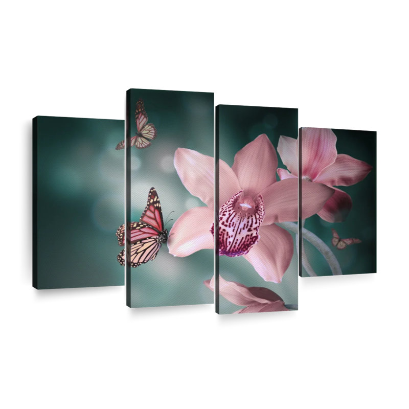 Ensemble 4 pièces papillon orchidée sur toile, H 22 po x l 36 po x P 1 po
