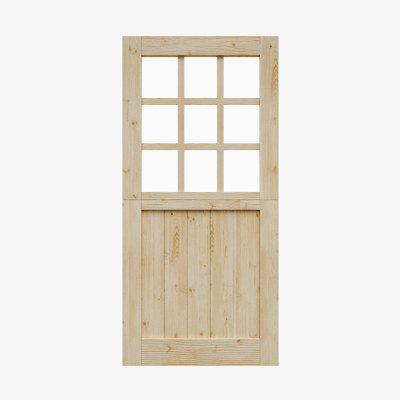 Slab Only, Unfinished Dutch Door, 9 Lite Half Clear Glass Split Single Door Slab With Natural Pine Wood Colour