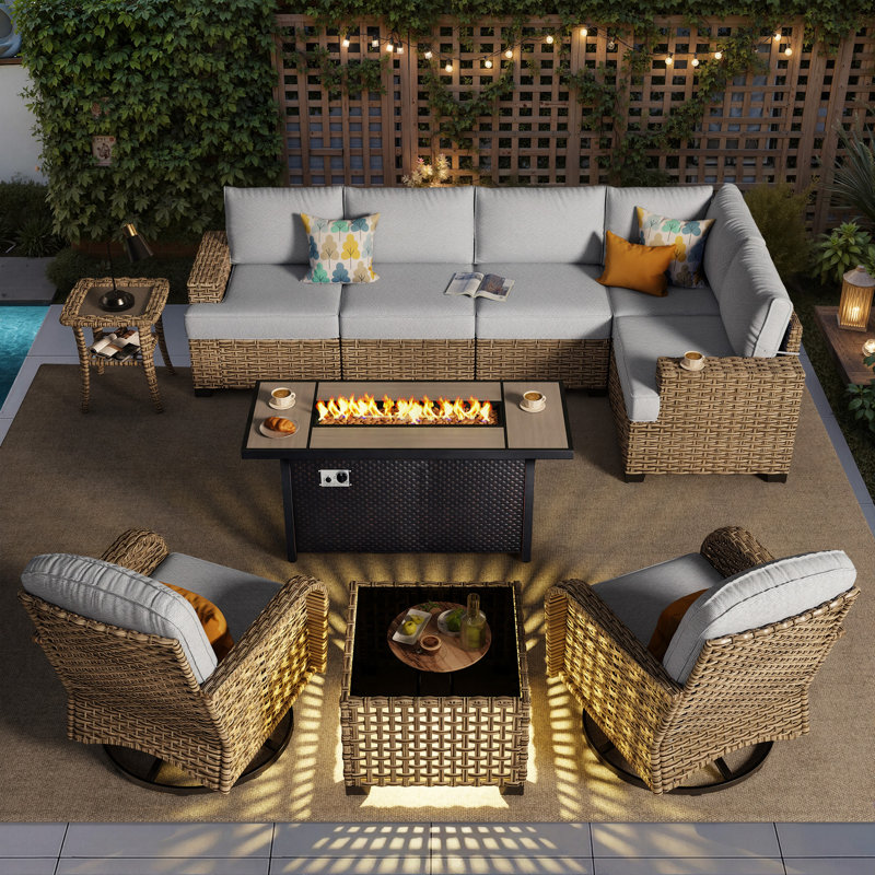 7-Seat All-Weather Outdoor Wicker Patio Conversation Furniture Set With Expandable Fire Pit Table, Gray
